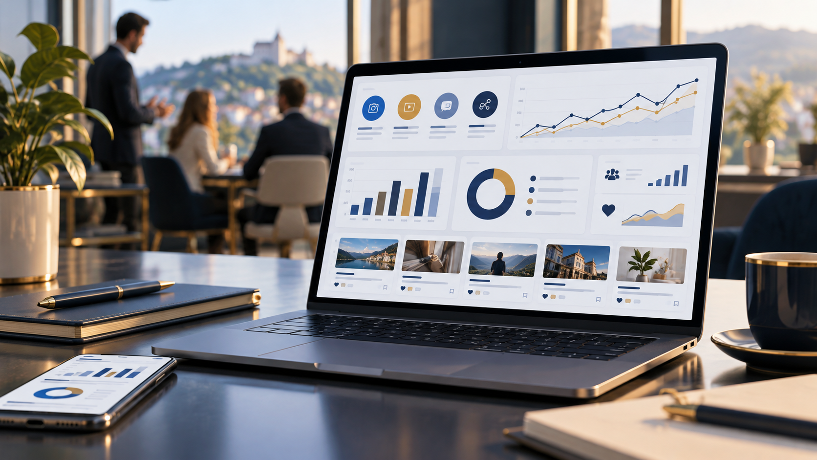 Moderne werkplek met analytisch dashboard